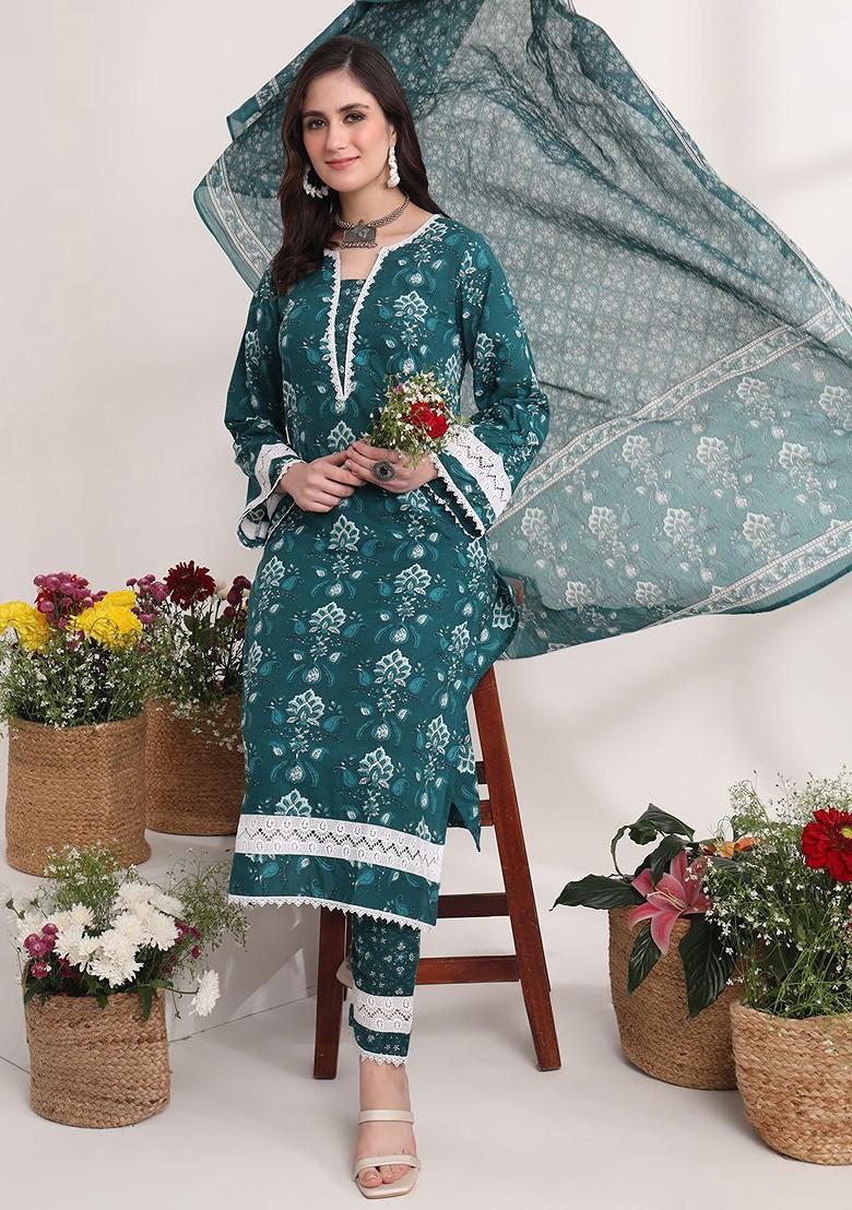 Green Printed Cotton Kurta Set