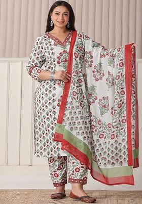 White Printed Cotton Kurta Set