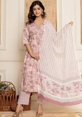 Pink Printed Cotton Kurta Set