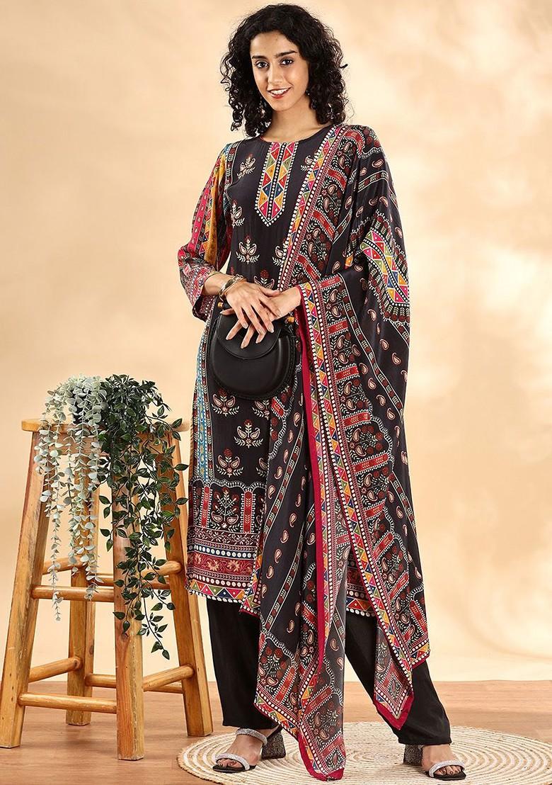 Black Embroidered Silk Kurta Set