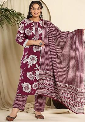 Purple Printed Cotton Kurta Set