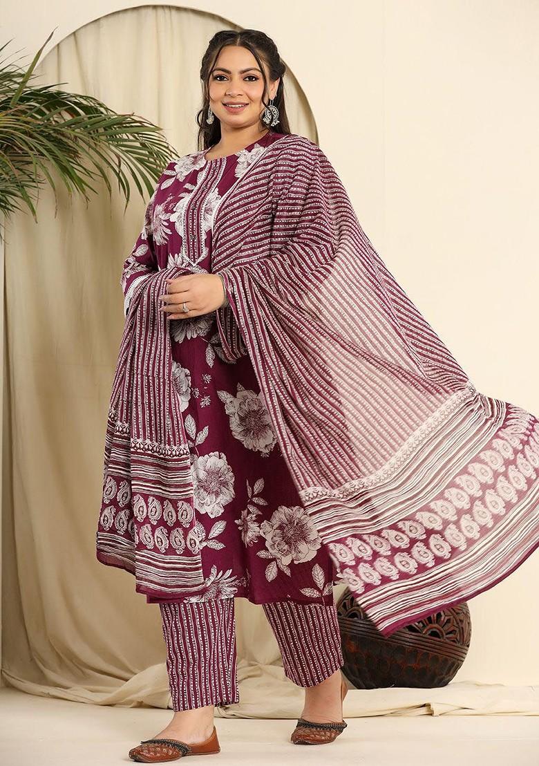 Purple Printed Cotton Kurta Set