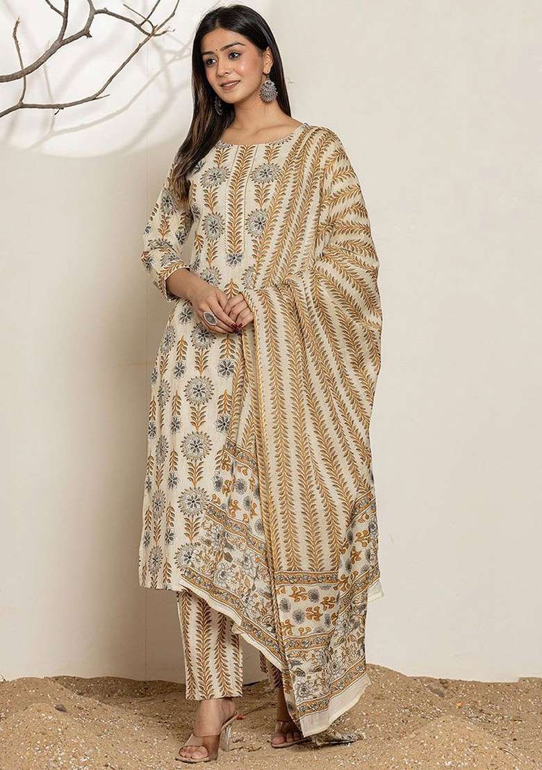 Grey Printed Cotton Straight Kurta Set - Indya