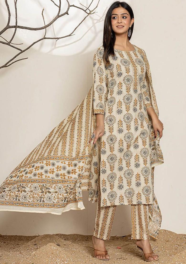 Grey Printed Cotton Kurta Set