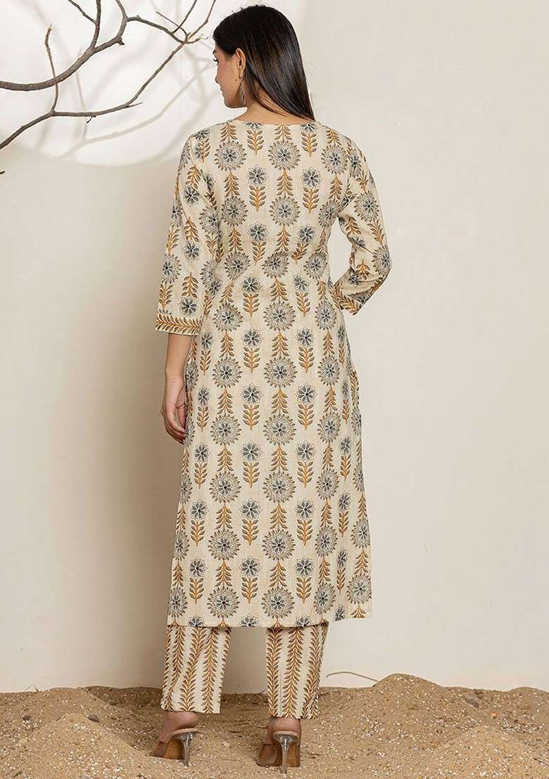 Grey Printed Cotton Straight Kurta Set - Indya
