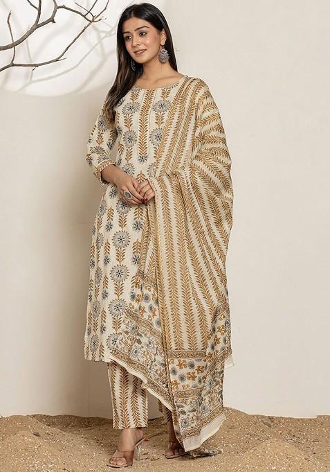 Grey Printed Cotton Kurta Set