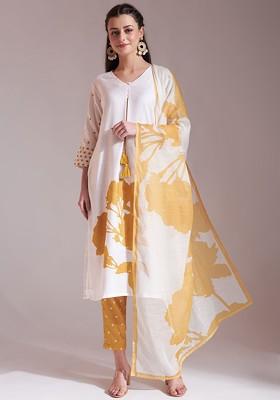 Yellow Printed Linen Kurta Set