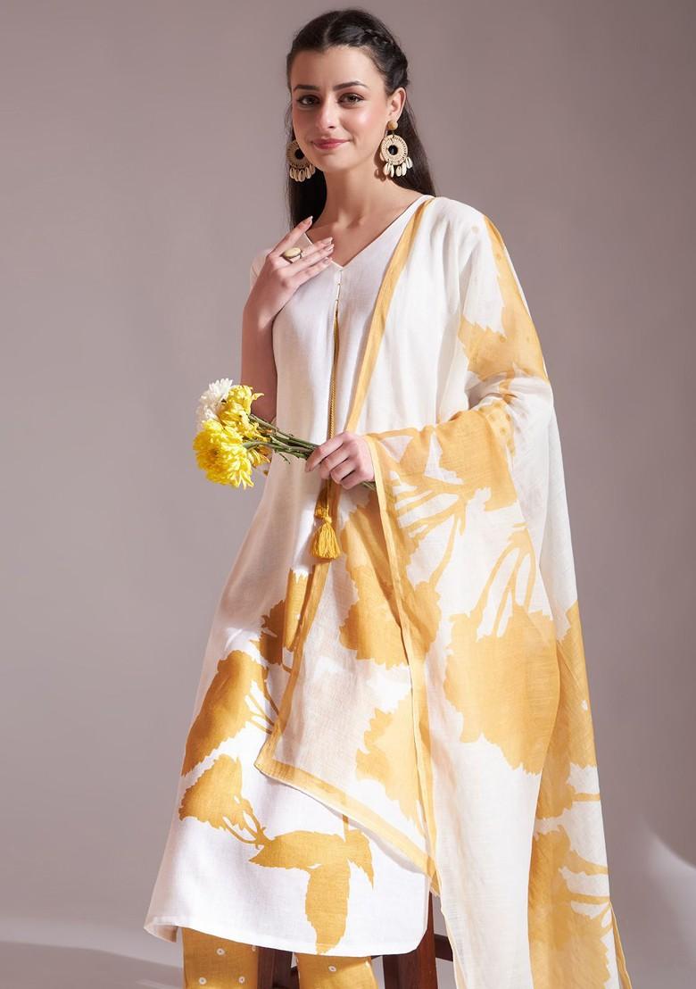 Yellow Printed Linen Kurta Set