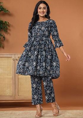 Black Printed Cotton Kurta Set