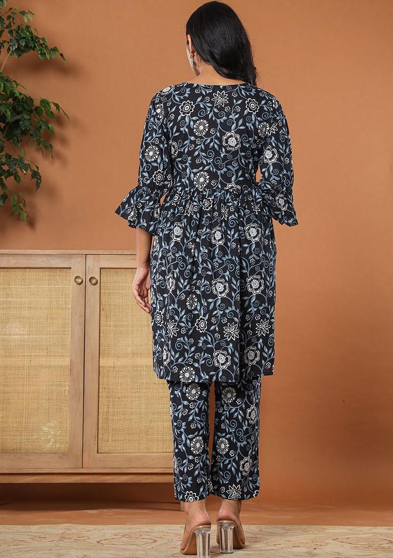 Black Printed Cotton Kurta Set