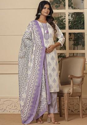 Purple Embroidered Cotton Kurta Set
