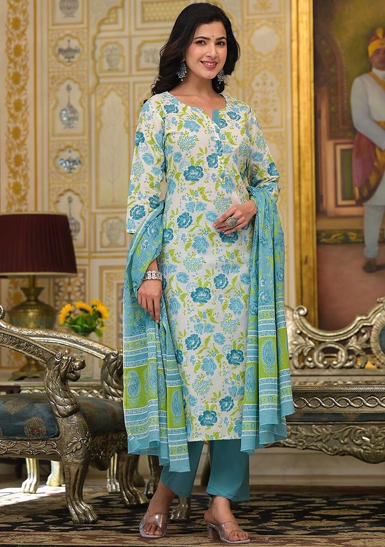 Blue Printed Cotton Kurta Set