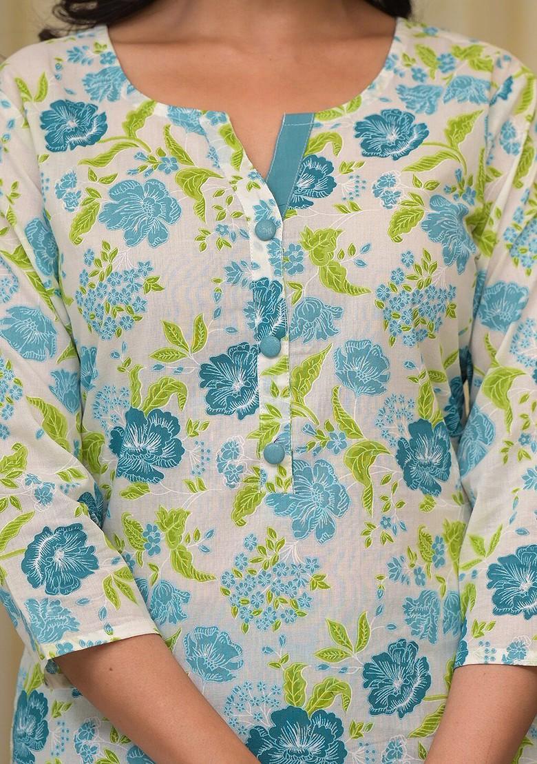 Blue Printed Cotton Kurta Set