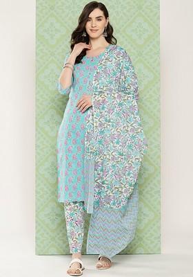 Green Printed Cotton Kurta Set