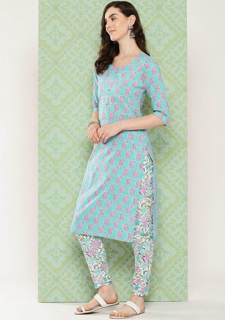 Green Printed Cotton Kurta Set