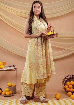 Yellow Printed Cotton Kurta Set