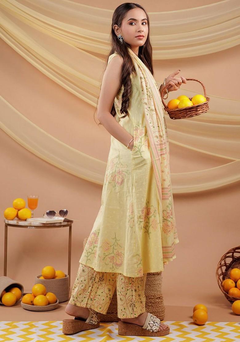 Yellow Printed Cotton Kurta Set