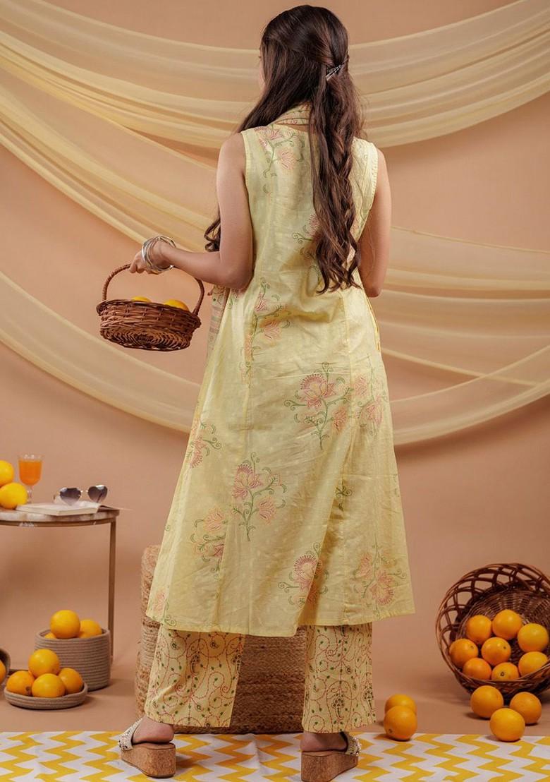 Yellow Printed Cotton Kurta Set