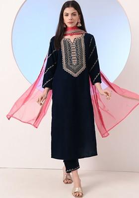 Blue Embroidered Poly Blend Kurta Set