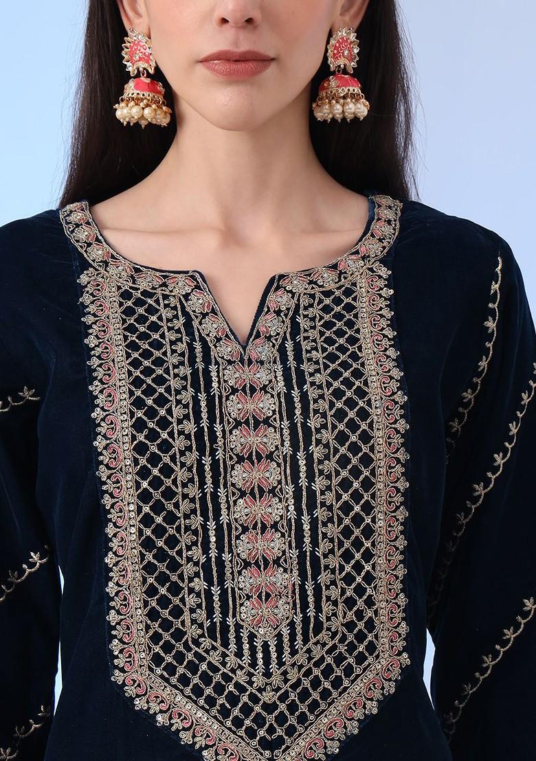 Blue Embroidered Poly Blend Kurta Set