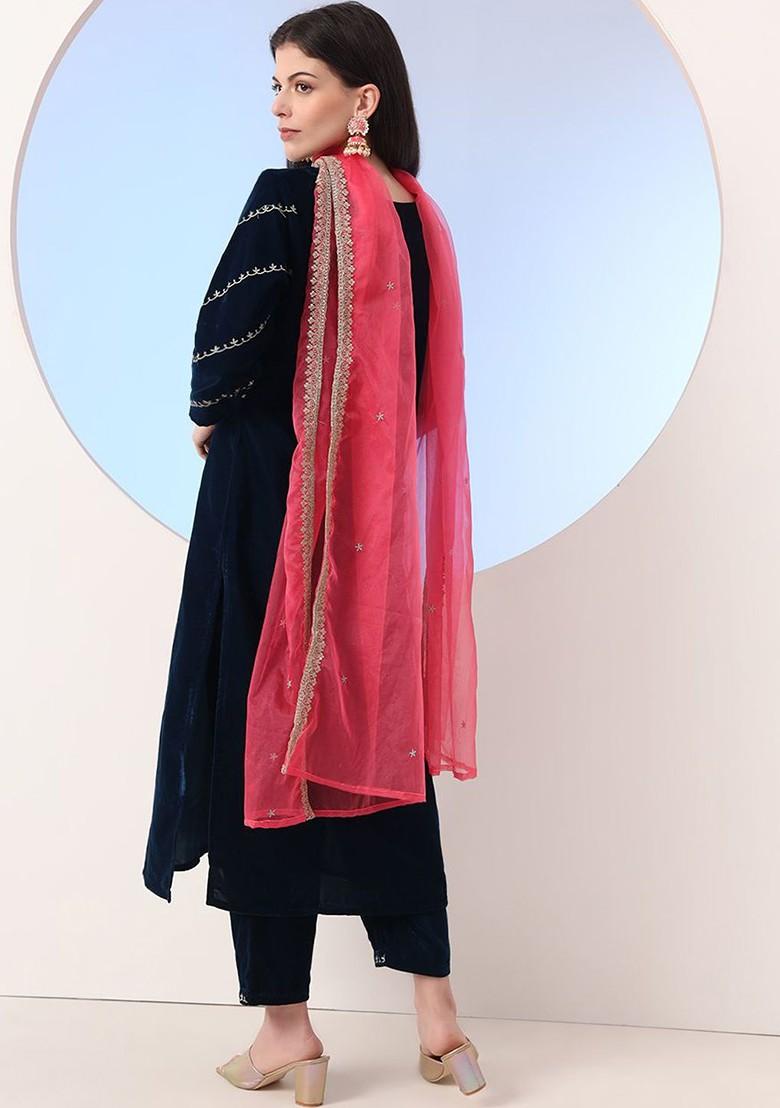 Blue Embroidered Poly Blend Kurta Set