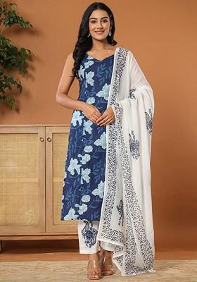 Blue Printed Cotton Kurta Set