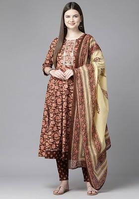 Brown Printed Cotton Kurta Set