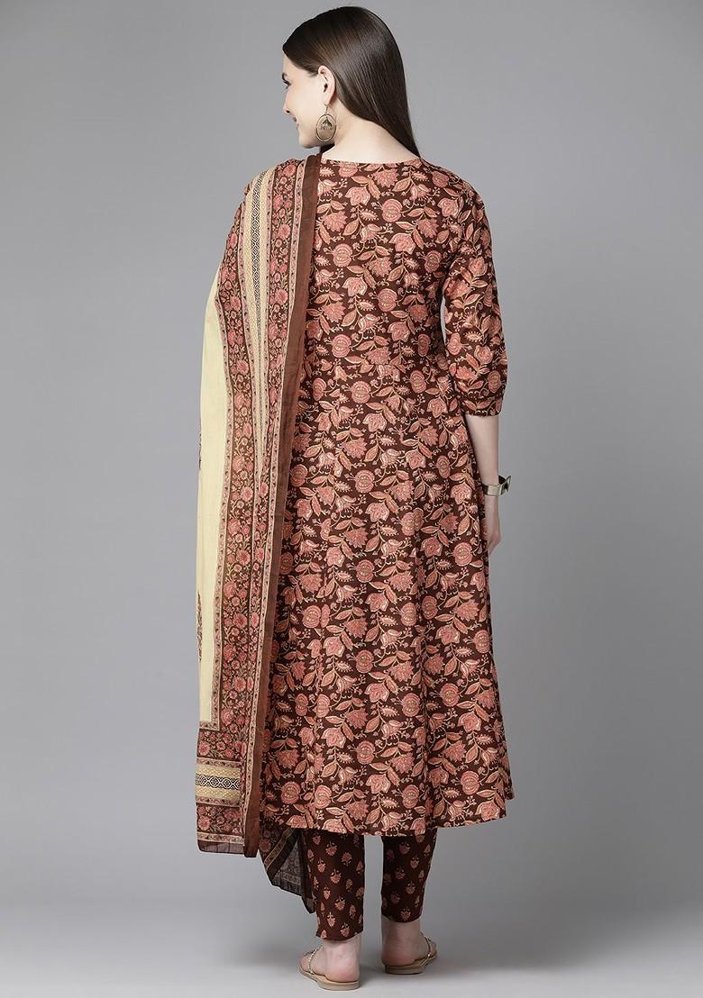 Brown Printed Cotton Kurta Set