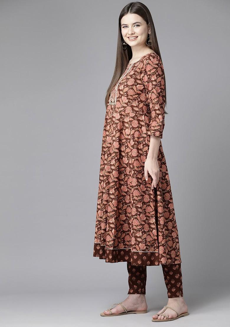 Brown Printed Cotton Kurta Set