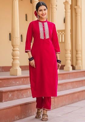 Pink Embroidered Poly Blend Kurta Set