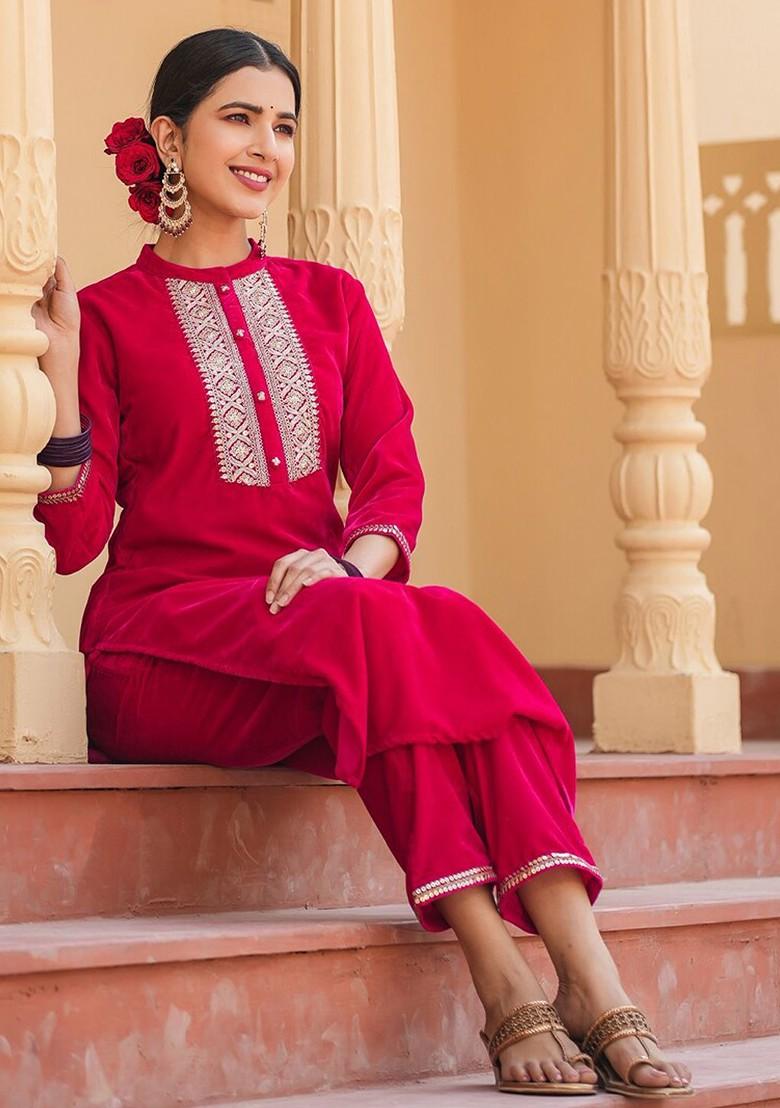 Pink Embroidered Poly Blend Kurta Set