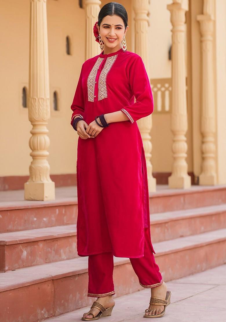 Pink Embroidered Poly Blend Kurta Set