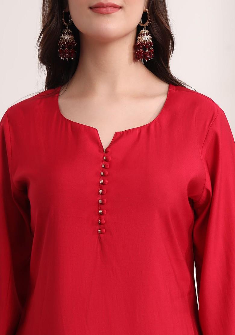 Red Poly Blend Kurta Set