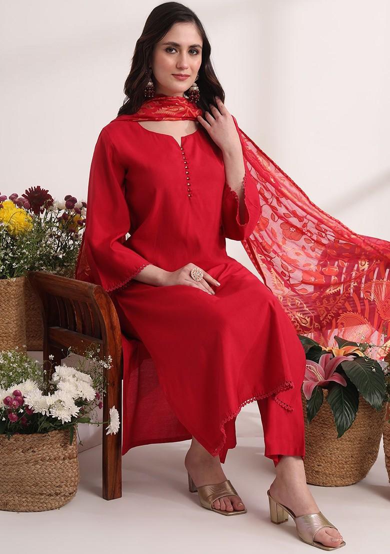 Red Poly Blend Kurta Set
