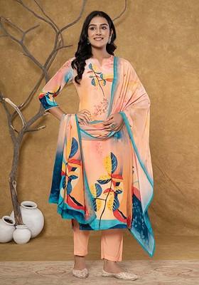 Peach Embroidered Silk Kurta Set