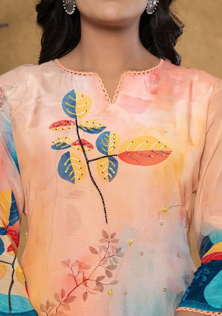 Peach Embroidered Silk Kurta Set