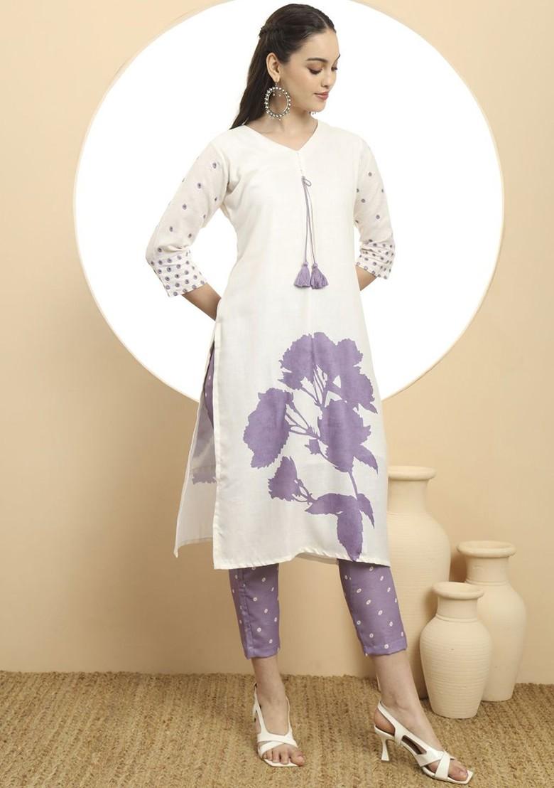 White Printed Linen Kurta Set