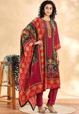 Red Printed Silk Kurta Set