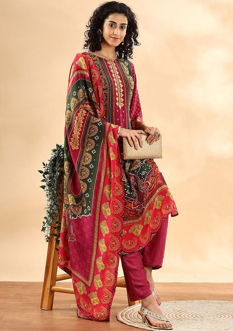 Red Printed Silk Kurta Set