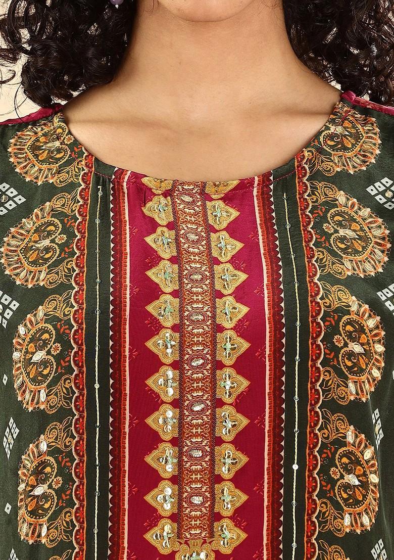 Red Printed Silk Kurta Set