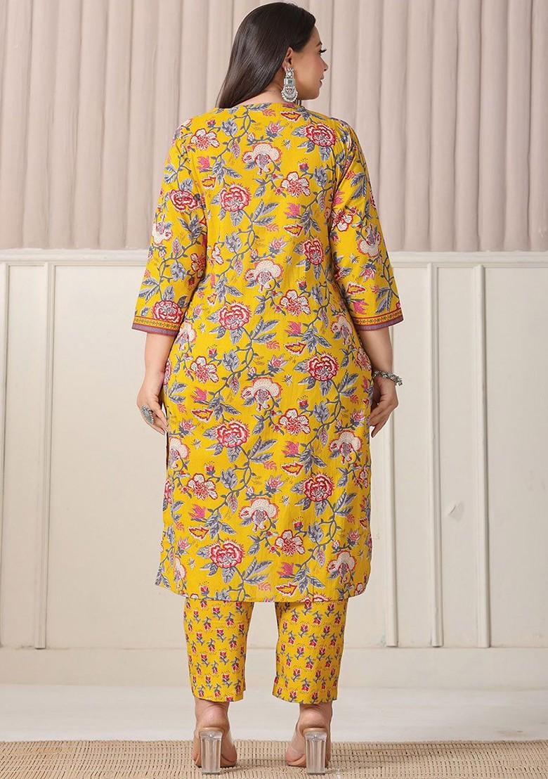 Yellow Printed Cotton Kurta Set
