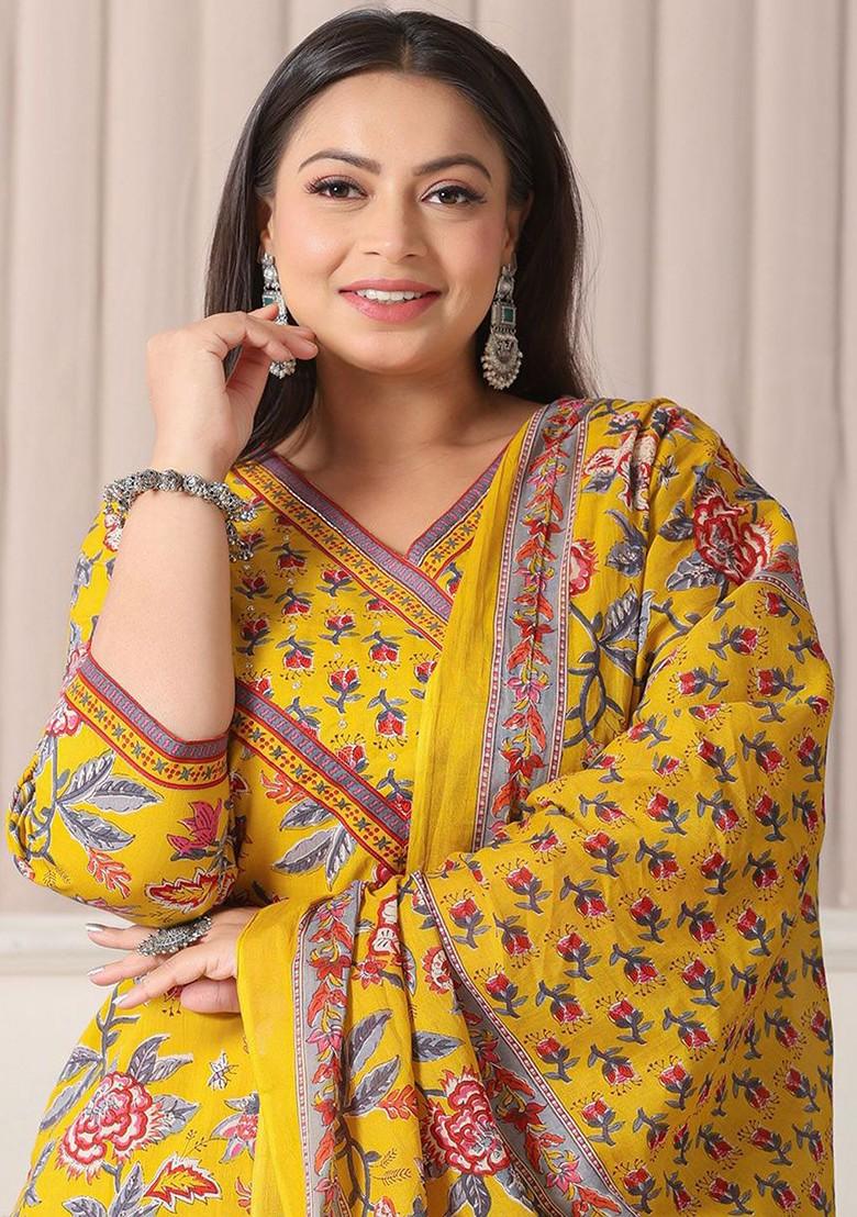 Yellow Printed Cotton Kurta Set