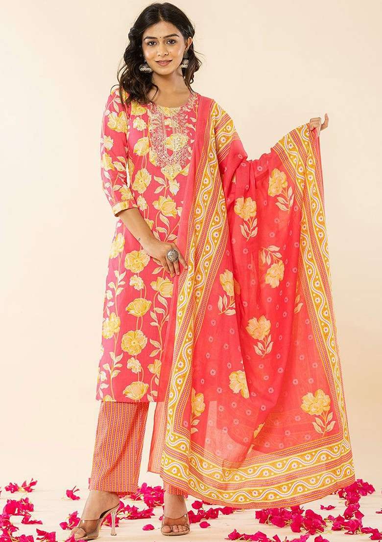 Pink Embroidered Cotton Straight Kurta Set - Indya