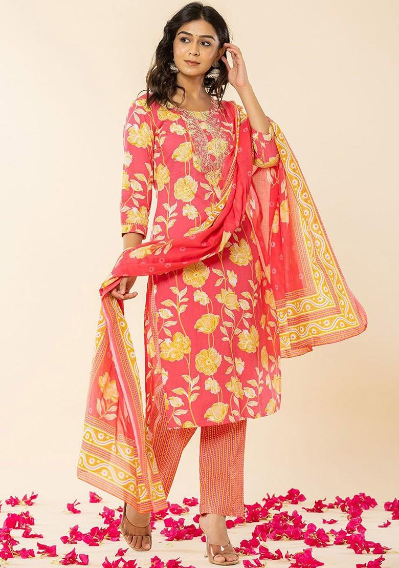 Pink Printed Cotton Kurta Set