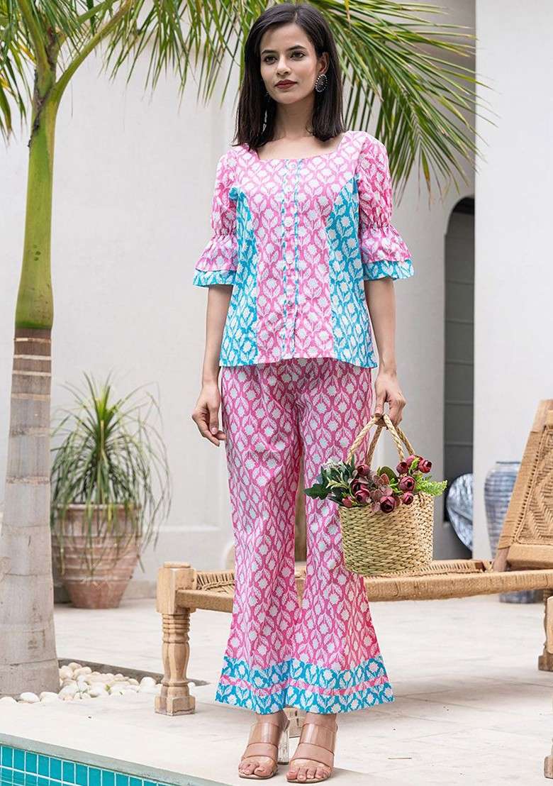 Pink Printed Cotton Co Ord Set - Indya