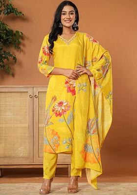 Yellow Embroidered Poly Blend Kurta Set