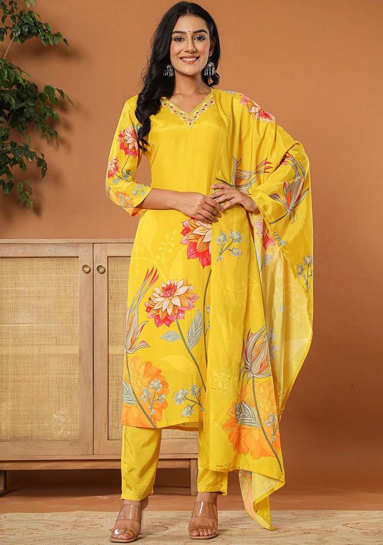 Yellow Embroidered Poly Blend Kurta Set