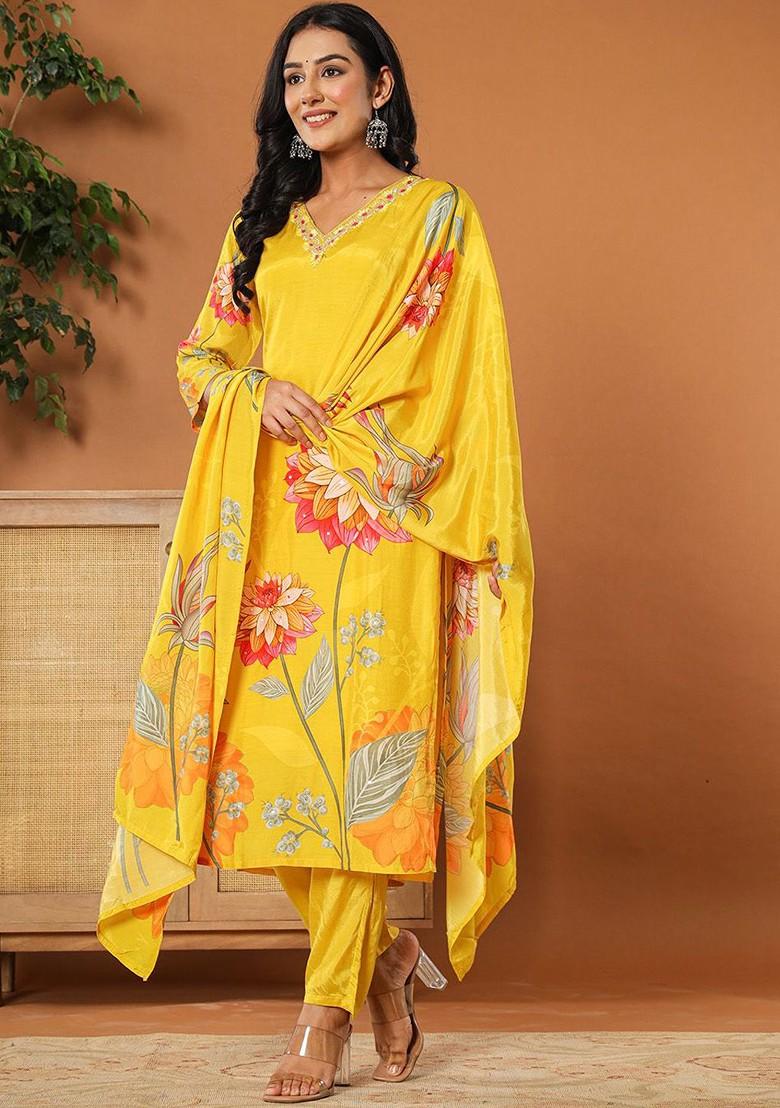 Yellow Embroidered Poly Blend Kurta Set