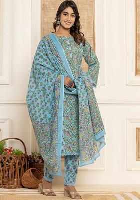 Blue Printed Cotton Kurta Set