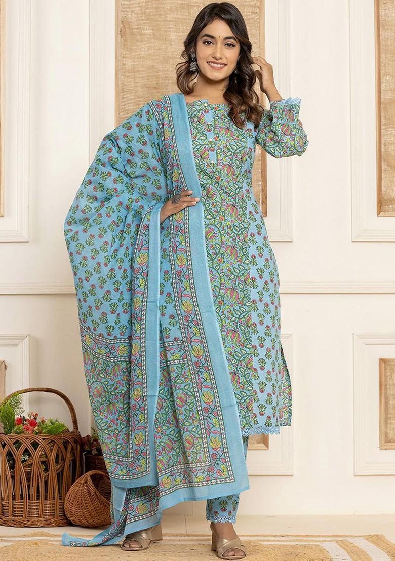 Blue Printed Cotton Kurta Set